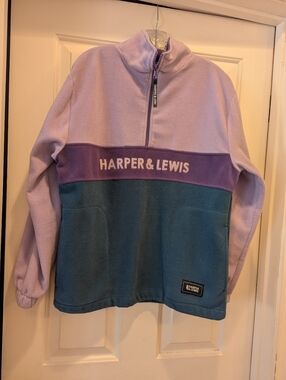 Harper & Lewis Womens  Fleece Pullover Lavender Purple Teal Colorblock  Med NWOT